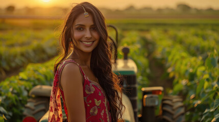 young indian female farmer standing with tractor at farm