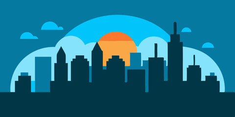 Flat Minimalistic Sunrise City Vector Art: Perfect for Contemporary Projects