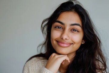 young indian woman smiling on white background