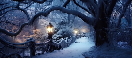 Wintery Pathway with Icy Branches and a Glowing Lantern