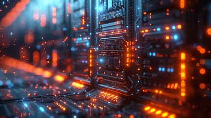 Obraz premium Futuristic server room with glowing lights - generative ai