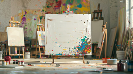 Obraz premium Colorful Art Studio with Blank Canvas on Easel and Paint Splashes 