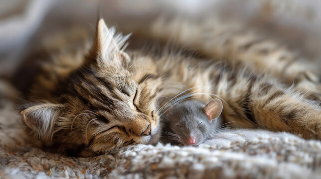 A cat and cute mouse taking a nap together. Unlikely bedfellows. Amusing image.