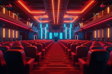 Empty Cinema Hall with Red Seats and Neon Lights. Illuminated Stage with Movie Equipment and Light Decorations. Dark Blue Color Scheme Rendered in Unity Engine with Unreal Renderer Style.