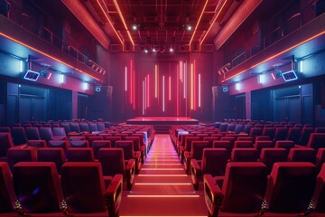 Empty Cinema Hall with Red Seats and Neon Lights. Illuminated Stage with Movie Equipment and Light Decorations. Dark Blue Color Scheme Rendered in Unity Engine with Unreal Renderer Style.
