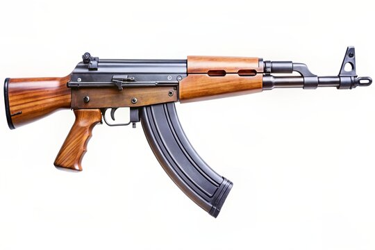 A black and brown gun with a wooden stock