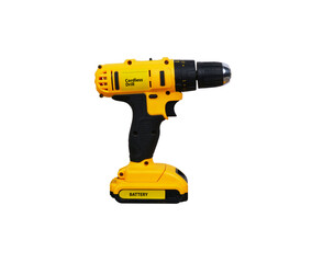 Yellow electric cordless drill isolated with battery , Mechanic tools concept