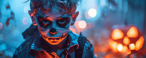 A spooky child with striking skull face paint stands against a chilling backdrop of Halloween decorations.
