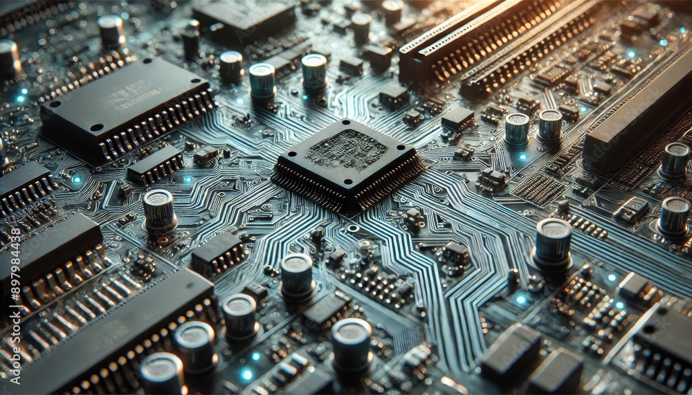 Poster closeup of a circuit board with a processor chip.