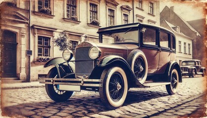 Vintage Black Classic Car Parked in Front of Old European Building with Cobblestone Street.
