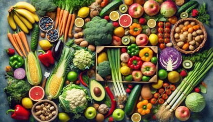Colorful and Vibrant Assortment of Fresh Fruits and Vegetables for a Healthy Lifestyle.