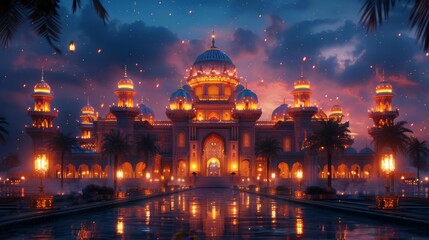 Obraz premium Majestic illuminated palace at dusk - generative ai