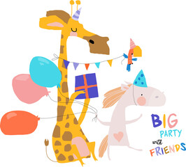 Birthday card with cute animals celebrating holiday. Vector illustration