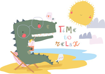 Happy cartoon crocodile relaxing in deck chair. Vector illustration