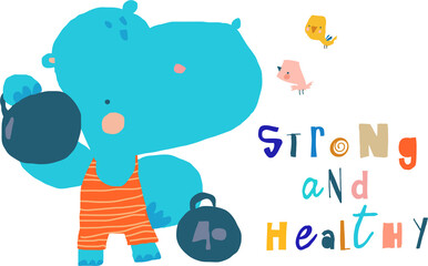 Cartoon Strong Hippo holding kettlebell on white Background. Vector Illustration
