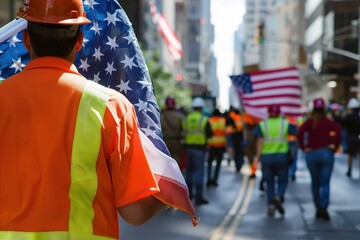 Workers in high-visibility gear at a parade with US flags