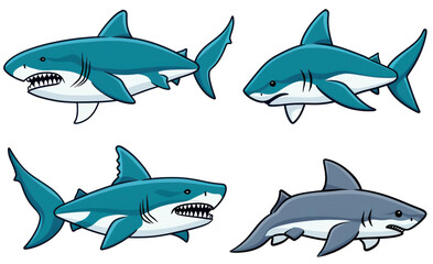 Naklejka premium Explore diverse shark species with striking illustrations, featuring great white, bull, and leopard sharks in stunning detail.