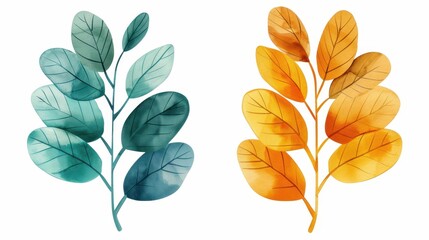 Vibrant green and yellow eucalyptus leaves in a detailed watercolor style, set against a clean white background. A touch of nature