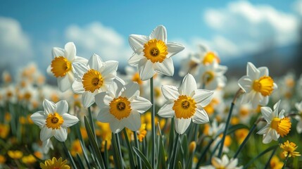 Field of daffodils under blue sky - generative ai