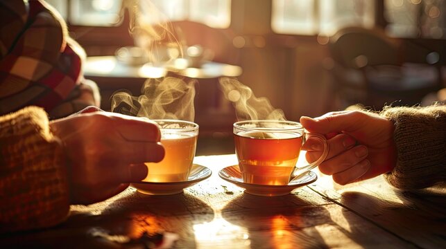 Friends drinking herbal tea in a quaint cafe Reminisce about the old days and share laughs over shared memories.