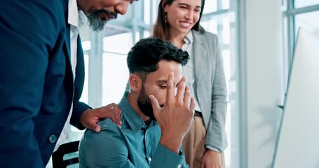 Group, computer and business man with depression, mistake or disappointed for fail. Team, technology and people frustrated with bad news, sad or stress of financial traders reading email in office