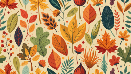 Autumn seamless pattern with different leaves and plants