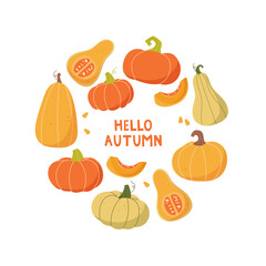 Hello Autumn. Vector banner with pumpkins