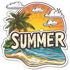 Fototapeta premium Summer Sticker with Palm Tree, Beach, and Sunset