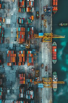 Aerial view of a shipping port and container ships