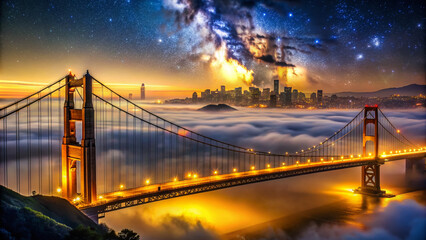 Fototapeta premium Vibrant cityscape featuring iconic suspension bridge illuminated in warm golden light, set against a dark starry night sky with fog rolling in around towers.