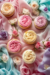 Assorted pastel cupcakes with intricate frosting, surrounded by delicate roses on a soft cloth