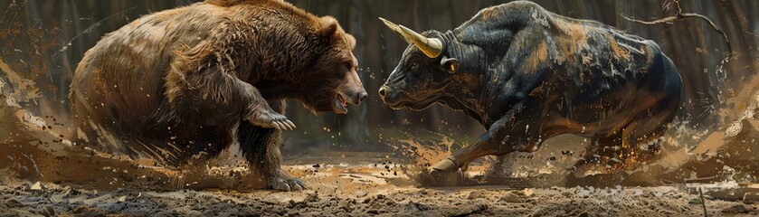 Bear and bull tugofwar, dramatic scene, muddy ground, intense competition