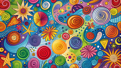 Fototapeta premium Colorful abstract background featuring whimsical scribbles, swirling shapes, and playful patterns creating a fun and dynamic visual experience.