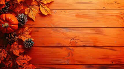 Fototapeta premium Thanksgiving and Autumn decoration concept made from autumn leaves and pumpkin on an orange wooden background. Top view. Horizontal banner. Free space for text. Harvest Festival