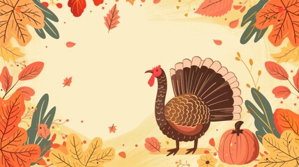 Thanksgiving and Autumn decoration. Turkey, autumn leaves and pumpkins on a beige background. Flat illustration. Horizontal banner. Free space for text. Harvest Festival template