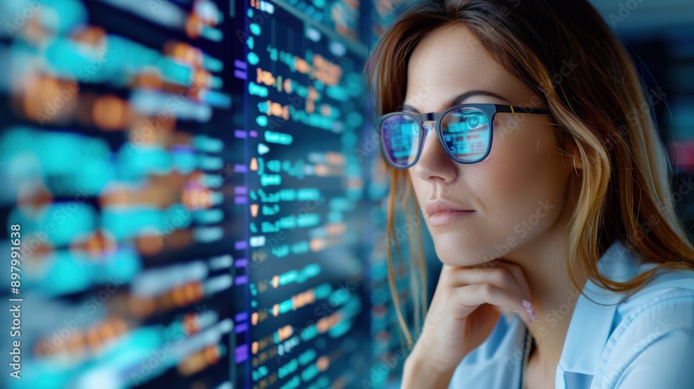 Wall mural futuristic software and hardware , coding hologram, serious concentrated attractive woman thinking a