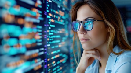 Futuristic software and hardware , coding hologram, serious concentrated attractive woman thinking about data analytics, digital technology. Programmer programming cybersecurity research and IT