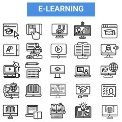 E-learning set of web icons in line style. 