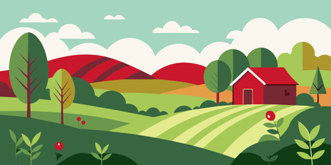 Landscape Illustration Art: Seasonal Hills and Grass Field with Farm Background