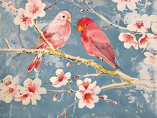 Two pink birds perched on a blossoming branch with delicate pink flowers and a blue background. Spring Serenade: Two Pink Birds on a Blossom-Laden Branch in a Blue Skyscape
