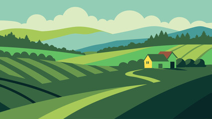 Landscape Illustration Art: Seasonal Hills and Grass Field with Farm Background