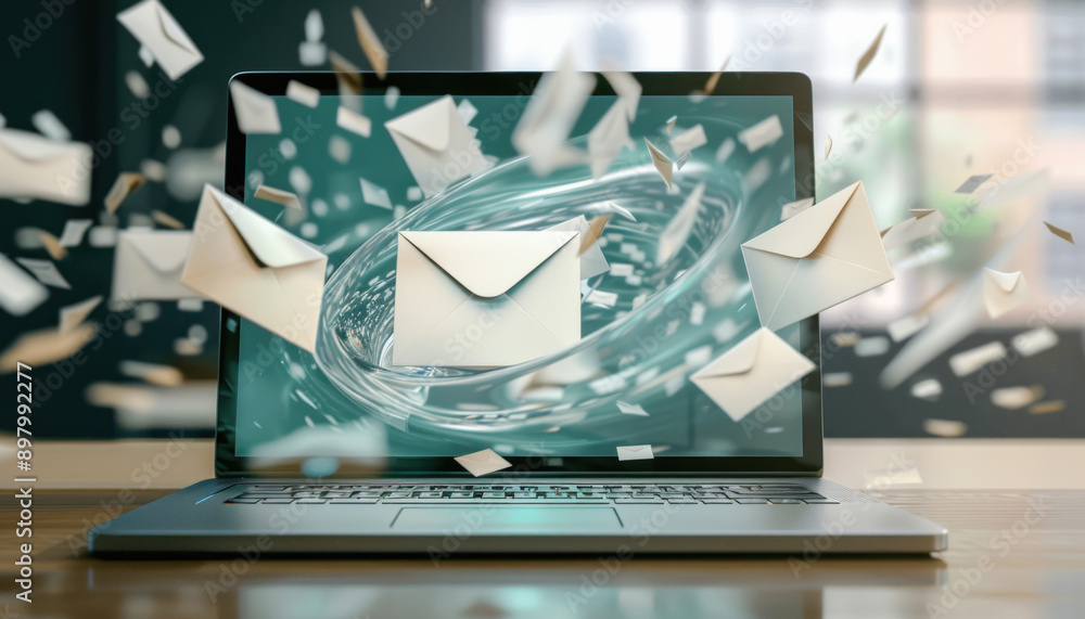 Poster envelopes are displayed on the laptop screen as a component of a digital presentation
