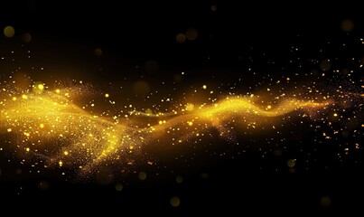 Glowing golden particles on a black background in the style of a glitter effect, glowing light dots bokeh, abstract flare and star dust in space. An abstract dark background with yellow lights 