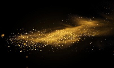 Glowing golden particles on a black background in the style of a glitter effect, glowing light dots bokeh, abstract flare and star dust in space. An abstract dark background with yellow lights 