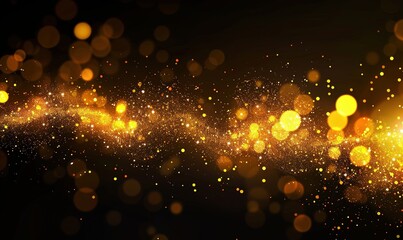 Glowing golden particles on a black background in the style of a glitter effect, glowing light dots bokeh, abstract flare and star dust in space. An abstract dark background with yellow lights 