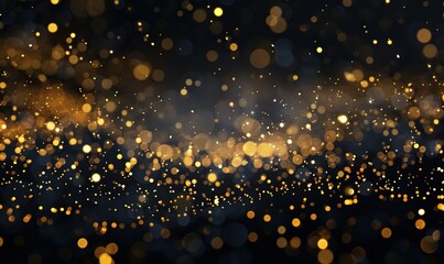 Glowing golden particles on a black background in the style of a glitter effect, glowing light dots bokeh, abstract flare and star dust in space. An abstract dark background with yellow lights 