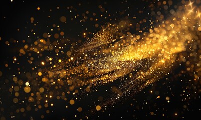Glowing golden particles on a black background in the style of a glitter effect, glowing light dots bokeh, abstract flare and star dust in space. An abstract dark background with yellow lights 