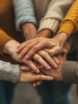 Close up of diverse hands stacked together indicating teamwork and unity. Team spirit, collaboration, inclusivity, support, solidarity, cooperation, group effort, unity in diversity.