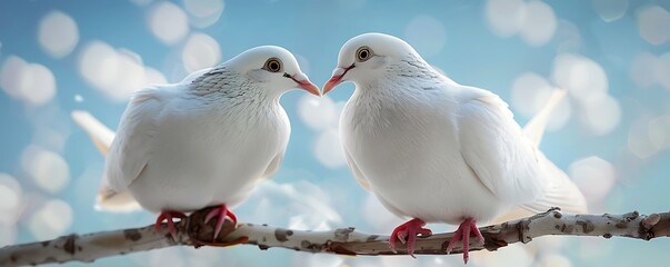 A pair of white doves gently touching beaks, perched on a branch with a soft-focus background of clear blue sky and clouds.