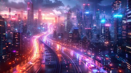 Fototapeta premium Futuristic cityscape with glowing highways - generative ai
